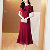 红色蕾丝连衣裙女短袖2024春夏季高端洋气，婚宴礼服显瘦鱼尾裙