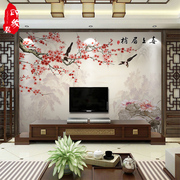 中式梅花客厅电视背景墙，壁纸定制无缝壁画，无纺布墙纸影视墙布装饰