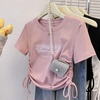 韩版夏季短袖t恤女2024年女童刺绣，修身短款体恤圆领抽绳上衣
