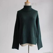 欧美原单高领针织毛衣女毛衣套衫墨绿色黑色纯色冬季羊毛宽松版