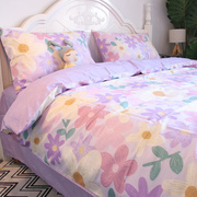 田园紫色花卉小碎花，床上四件套全棉，纯棉床单床笠款水墨画风格