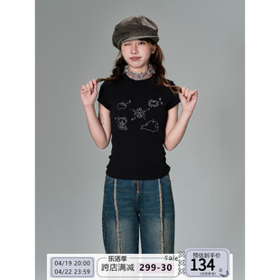 aboutgirl“applelife”黑色涂鸦印花圆领短袖t恤显瘦y2k设计感