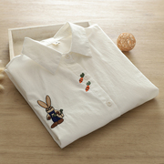 2023秋日系文艺萝卜兔子刺绣，长袖白色衬衫，女百搭纯棉外穿衬衣