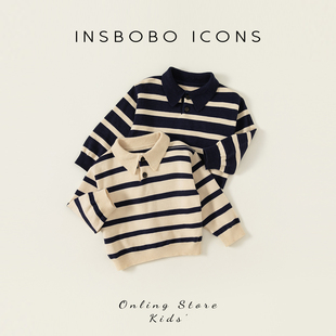insbobo女童毛衣秋装针织衫，2024男童条纹上衣，儿童童装时髦潮