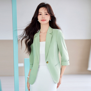 韩版清新浅绿色小西装外套女2024夏季纯色，简约百搭休闲西服薄