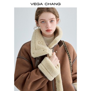 vegachang机车风仿皮毛，一体短外套女2023年冬装加厚毛绒大衣