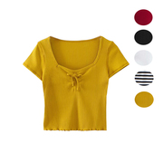 法式夏季新黄色显白复古方领弹力小花边胸前系带性感显瘦上衣T恤