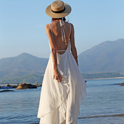 女青海湖旅游露背吊带挂脖拖地长裙，度假连衣裙海边飘逸仙气沙滩裙