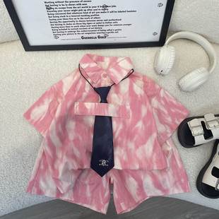 男童短袖衬衫套装夏季女宝韩版雪纺绅士粉色领带衬衣短裤三件套潮