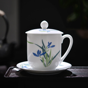 醴陵中式手绘带碟办公茶杯陶瓷水杯带盖会议杯玉泥瓷杯子定制