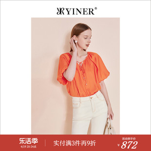 YINER音儿女装夏季时尚短袖飘带领衬衫橙红上衣