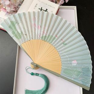 中国风扇子古风折扇夏天便携汉服旗袍折叠古代女小荷花绿色舞蹈扇