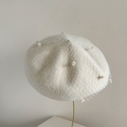 网纱手工高级感设计师，款白色贝雷帽绵羊毛，蓓蕾帽日本洋气百搭潮