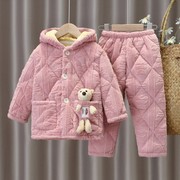 可爱熊冬季(熊冬季)加厚儿童，睡衣保暖法兰绒，珊瑚男女童宝宝夹棉家居服套装