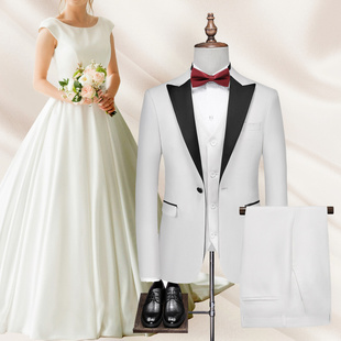 塔士多男士修身结婚礼服新郎，西装三件套白色拼接设计感西服套装潮