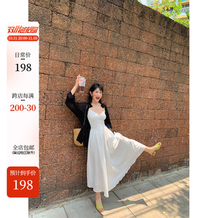 午后商店法式白色花边吊带连衣裙女夏季美拉德高腰显瘦蕾丝长裙
