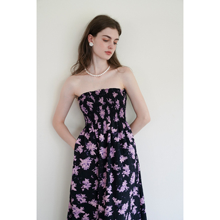 miorastudio夏季法式紫色印花抹胸连衣裙女 高级感收腰显瘦裙子