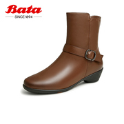 Bata时装靴胖脚宽脚女商场粗跟牛皮增高显瘦通勤中筒靴