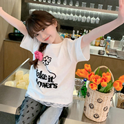 女童短袖2024夏装韩版儿童，字母绣花蕾丝，边t恤宝宝休闲上衣潮