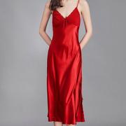 日本冰丝吊带睡裙女夏季性感x红色，真丝绸中长款蕾丝背心睡衣连衣