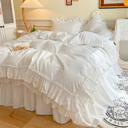 韩式四件套全棉纯白色贡缎，公主风床单纯棉，被套1.8m床裙式床上