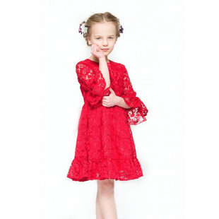 夏款女童儿童纯色中袖长袖蕾丝，镂空大红色宫廷喇叭，荷叶边连衣裙子