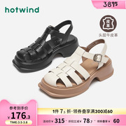 热风2023年夏季女士时尚，凉鞋法式粗跟镂空一字，式扣带罗马凉鞋