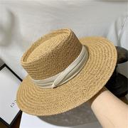 慢慢夏季帽子平顶草帽女遮阳帽拉菲草帽沙滩法式防晒太阳帽渔夫