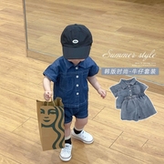 韩版男宝宝帅气牛仔T恤短裤两件套中小童夏季休闲洋气时尚套装潮