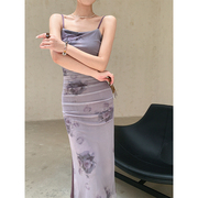 JWUNIQUE紫色无袖吊带连衣裙女2023夏气质收腰包臀开叉中长裙
