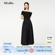 Mixblu黑色一字领连衣裙女2024夏季时尚漂亮气质别致收腰裙子