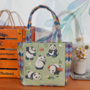 菱格包 金丝一群熊猫可爱提花刺绣卡通帆布手拎包通勤化妆包