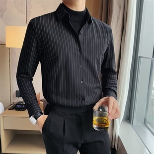 假两件黑色条纹衬衫男秋冬季高级感修身免烫男士商务休闲内搭衬衣