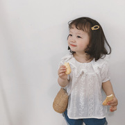 儿童t恤短袖女纯棉宝宝蕾丝，花边领半袖，女童甜美泡泡袖镂空白衬衫