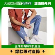 香港直邮潮奢 ASOS 男士设计弹力修身带破痕中长水洗蓝色牛仔裤