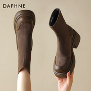 达芙妮高跟短靴女2023秋冬季加绒靴子弹力瘦瘦靴小个子马丁靴