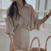韩国chic秋季设计感系带，收腰宽松衬衫长裙过膝法式复古棉麻连衣裙