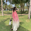 度假拍照沙滩裙海边大摆吊带，长裙设计感法式粉色渐变雪纺连衣裙子