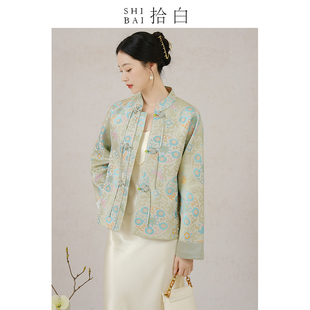 SHIBAI拾白新中式外套女春秋原创国风灰绿色提花盘扣禅意茶服