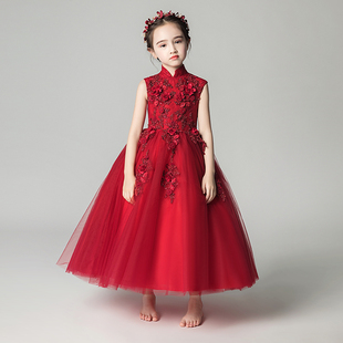 女童生日公主裙礼服，蓬蓬纱儿童，红色小女孩主持人花童钢琴演出服