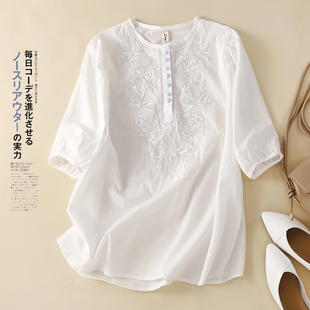 品牌外贸原单复古日系刺绣棉麻，衬衣宽松圆领短袖t恤女夏