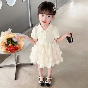 女童夏款蓬蓬裙甜美儿童韩版纯色，花朵连衣裙儿童，夏装洋气裙子时髦