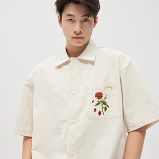 zoomlens原创韩版手绘刺绣，玫瑰花朵肌理感短袖，宽松男女同款衬衫