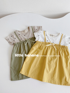 日本童装女童夏季纯棉短袖，波点吊带假2件拼接日系中长款t恤