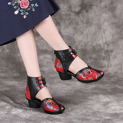 复古中国风凉靴2023夏季原创手工粗跟中跟镂空真皮鱼嘴凉鞋女