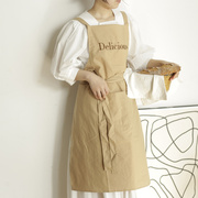 北欧刺绣字母防水围裙 无袖背带纯棉防污家用厨房家务烘焙工作服