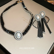 锆石珍珠水晶椭圆项链耳环时尚，气质锁骨链耳钉，韩国首饰套装女