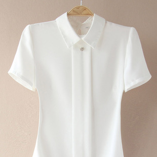 时尚雪纺衬衫女夏装2023白色的上衣洋气短袖气质订珠连体衬衣