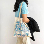法国巴黎莎士比亚书店周边帆布，包袋蓝色印花文艺女学生手提书包袋