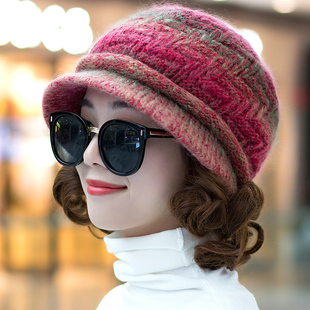 毛线帽子女冬天韩版手工编织羊毛混纺保暖帽防寒护耳针织帽鸭舌帽